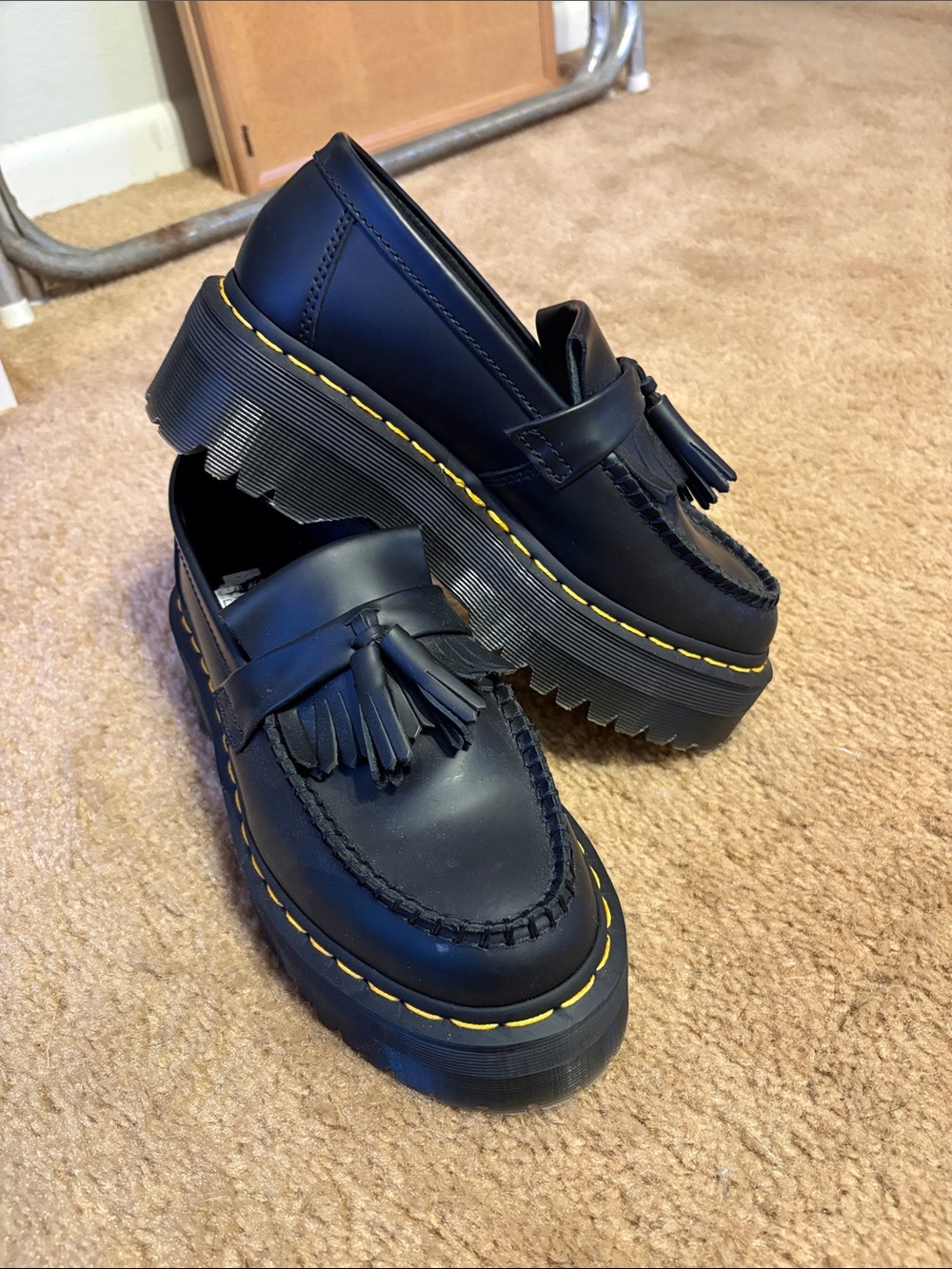 Dr. Martens Black Tassel Platform Loafers with Yellow Stitching